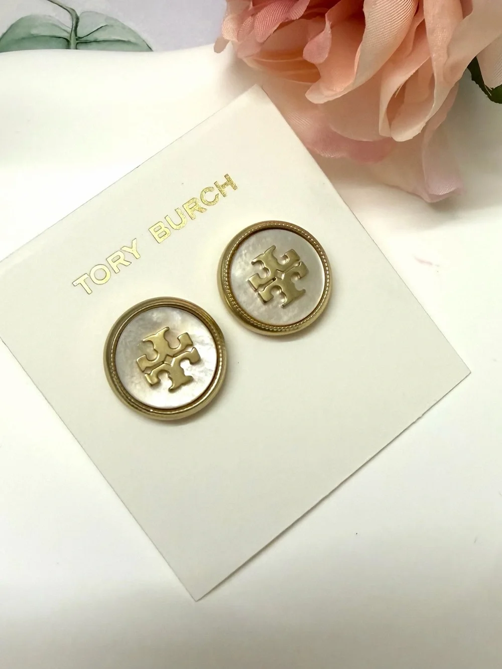 Tory Burch Gold Logo Button Earrings with Mother-of-Pearl